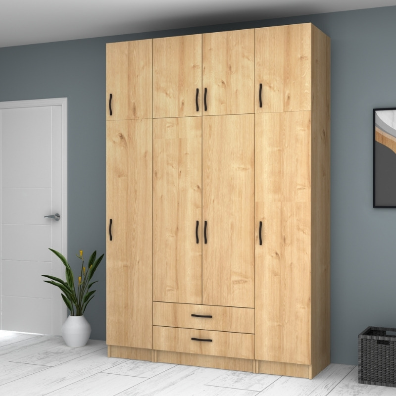 Ντουλάπα ρούχων τετράφυλλη με πατάρι και συρτάρια χρώμα φυσικό οξιάς 4