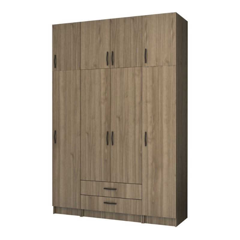 Ντουλάπα ρούχων τετράφυλλη με πατάρι και συρτάρια χρώμα καρυδί