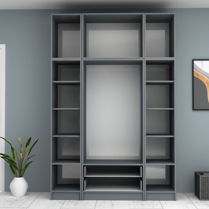 Ντουλάπα ρούχων τετράφυλλη με πατάρι και συρτάρια χρώμα ανθρακί 3