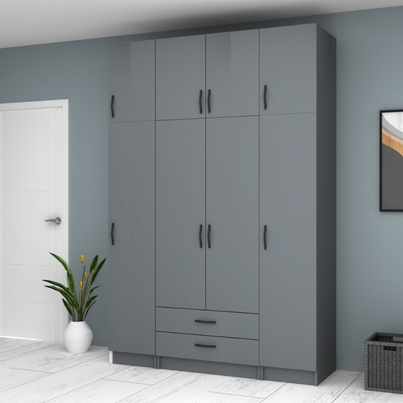 Ντουλάπα ρούχων τετράφυλλη με πατάρι και συρτάρια χρώμα ανθρακί 4