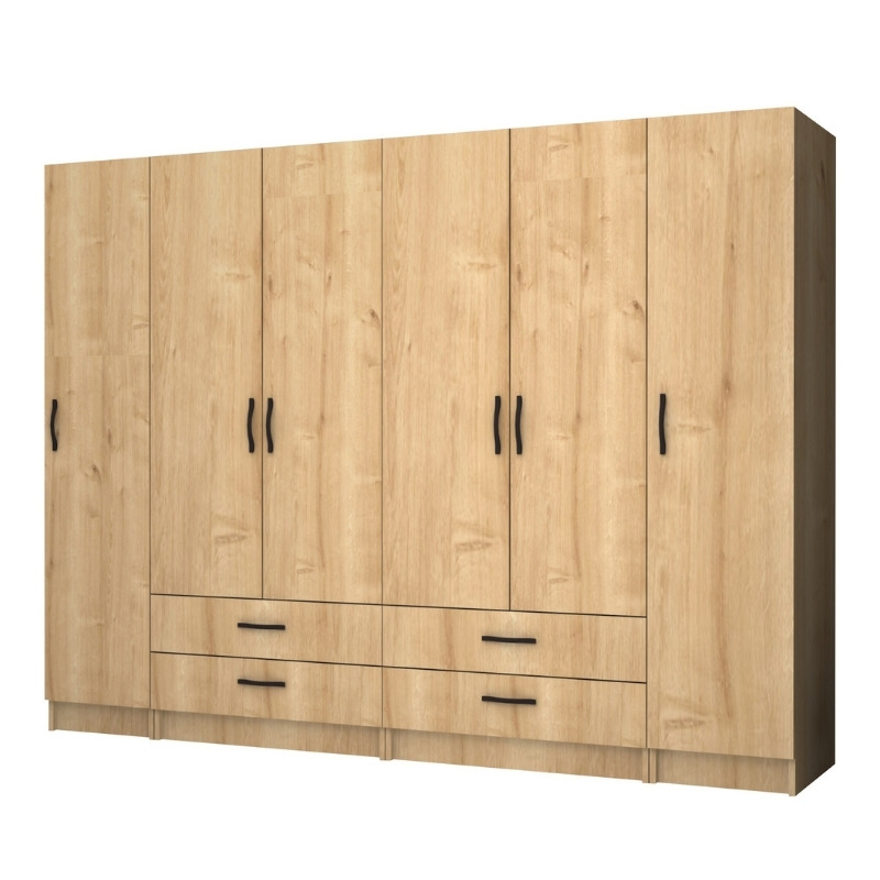 Ντουλάπα ρούχων εξάφυλλη με συρτάρια χρώμα φυσικό οξιάς