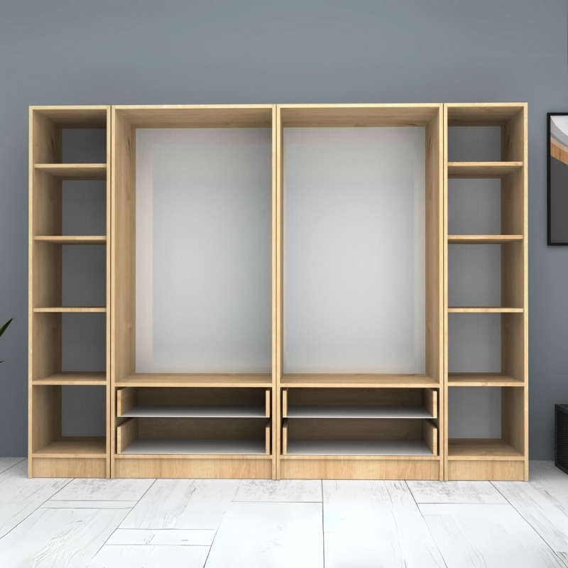 Ντουλάπα ρούχων εξάφυλλη με συρτάρια χρώμα φυσικό οξιάς 3