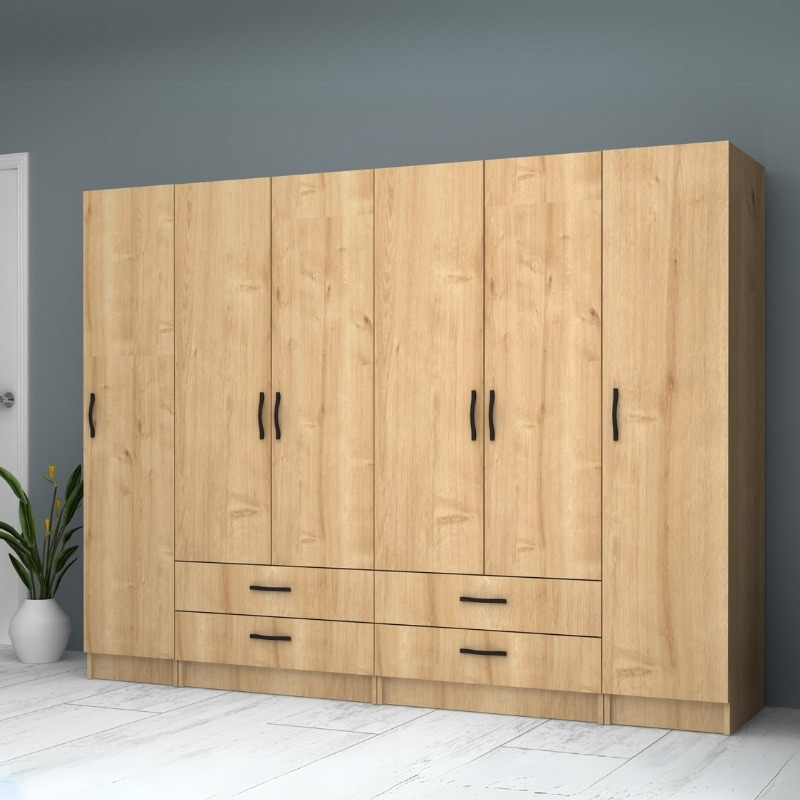 Ντουλάπα ρούχων εξάφυλλη με συρτάρια χρώμα φυσικό οξιάς 4