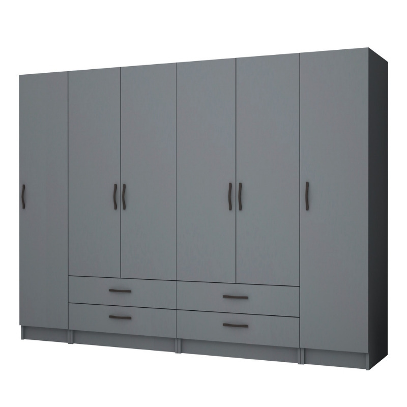 Ντουλάπα ρούχων εξάφυλλη με συρτάρια χρώμα ανθρακί