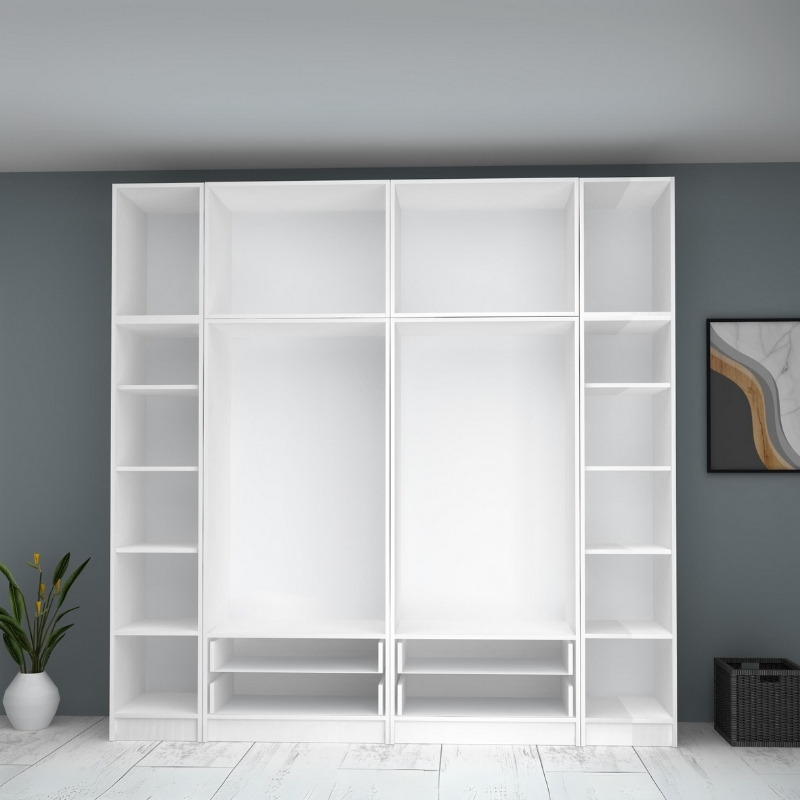 Ντουλάπα ρούχων εξάφυλλη με πατάρι και συρτάρια χρώμα λευκό 3