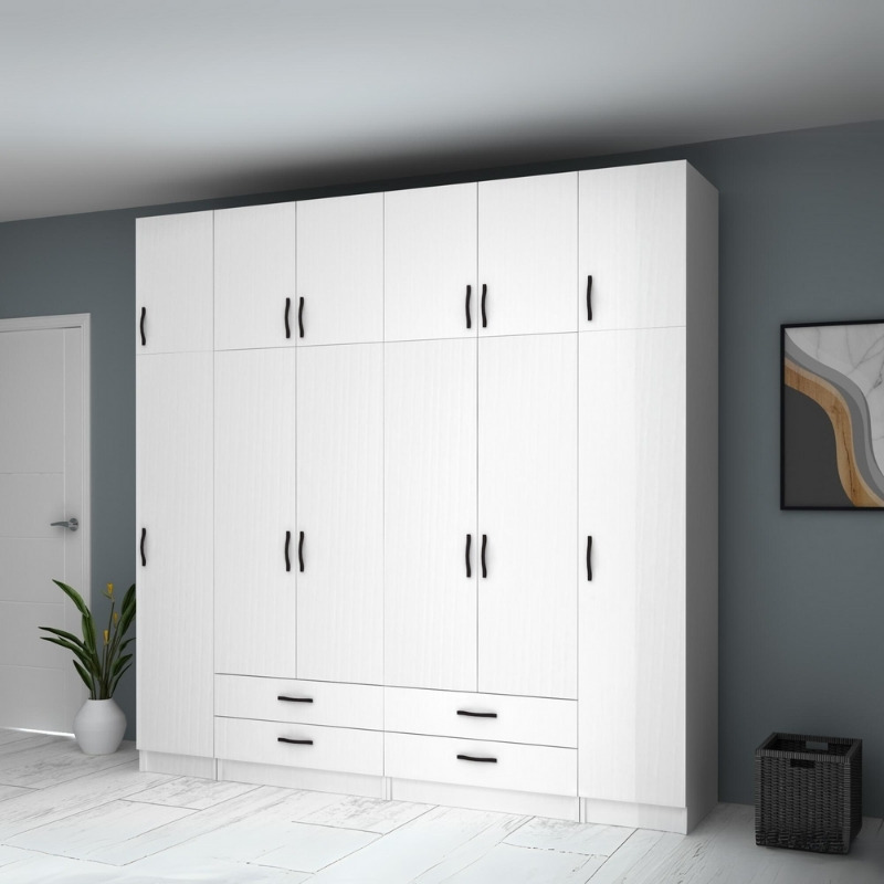 Ντουλάπα ρούχων εξάφυλλη με πατάρι και συρτάρια χρώμα λευκό 4