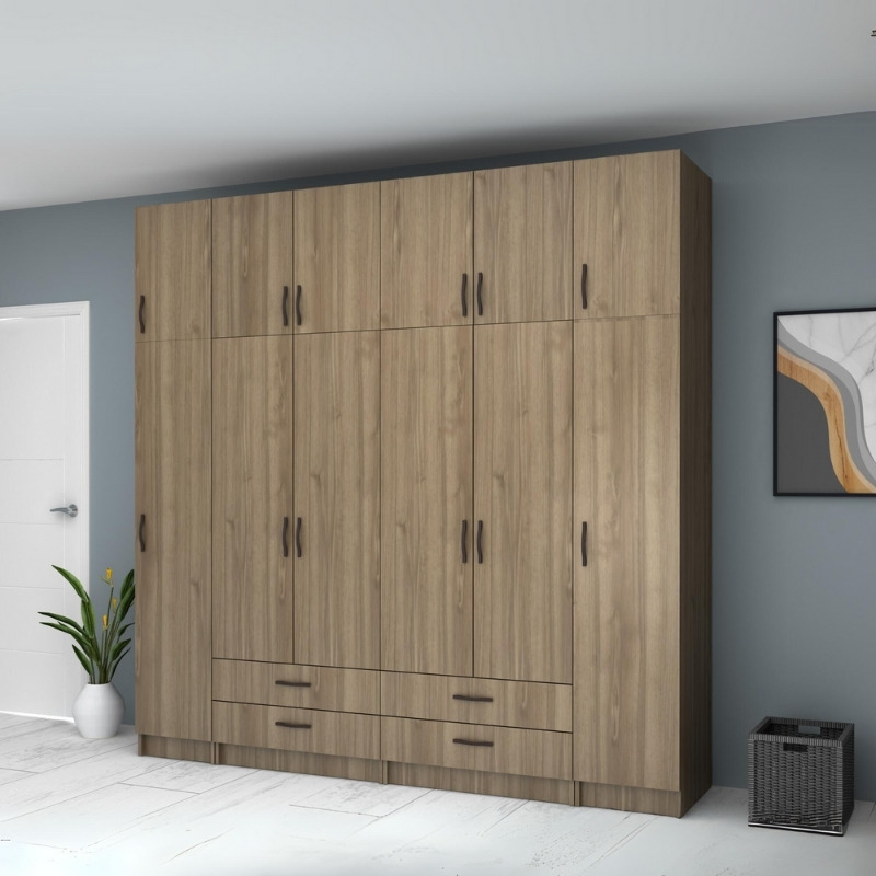 Ντουλάπα ρούχων εξάφυλλη με πατάρι και συρτάρια χρώμα καρυδί 4