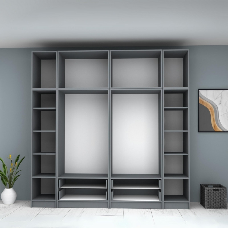 Ντουλάπα ρούχων εξάφυλλη με πατάρι και συρτάρια χρώμα ανθρακί 3