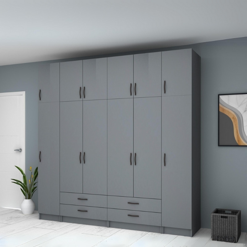 Ντουλάπα ρούχων εξάφυλλη με πατάρι και συρτάρια χρώμα ανθρακί 4