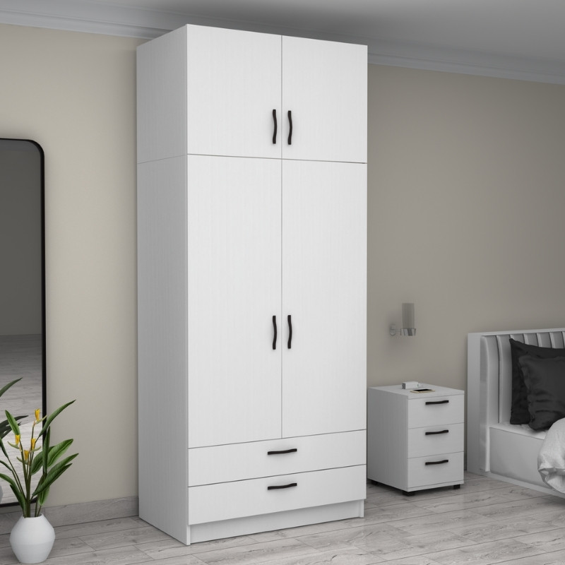 Ντουλάπα ρούχων δίφυλλη με πατάρι και συρτάρια χρώμα λευκό 4