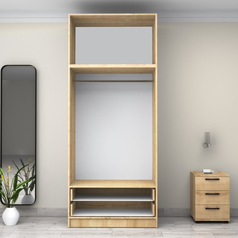 Ντουλάπα ρούχων δίφυλλη με πατάρι και συρτάρια χρώμα φυσικό οξιάς 3