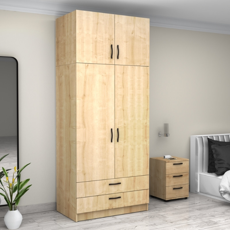 Ντουλάπα ρούχων δίφυλλη με πατάρι και συρτάρια χρώμα φυσικό οξιάς 4