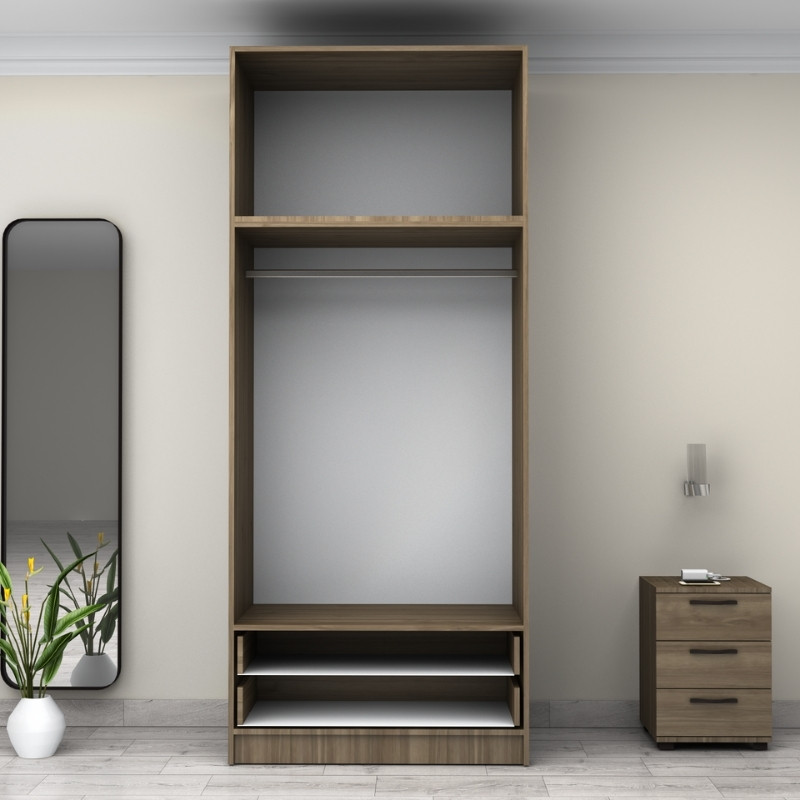 Ντουλάπα ρούχων δίφυλλη με πατάρι και συρτάρια χρώμα καρυδί 3