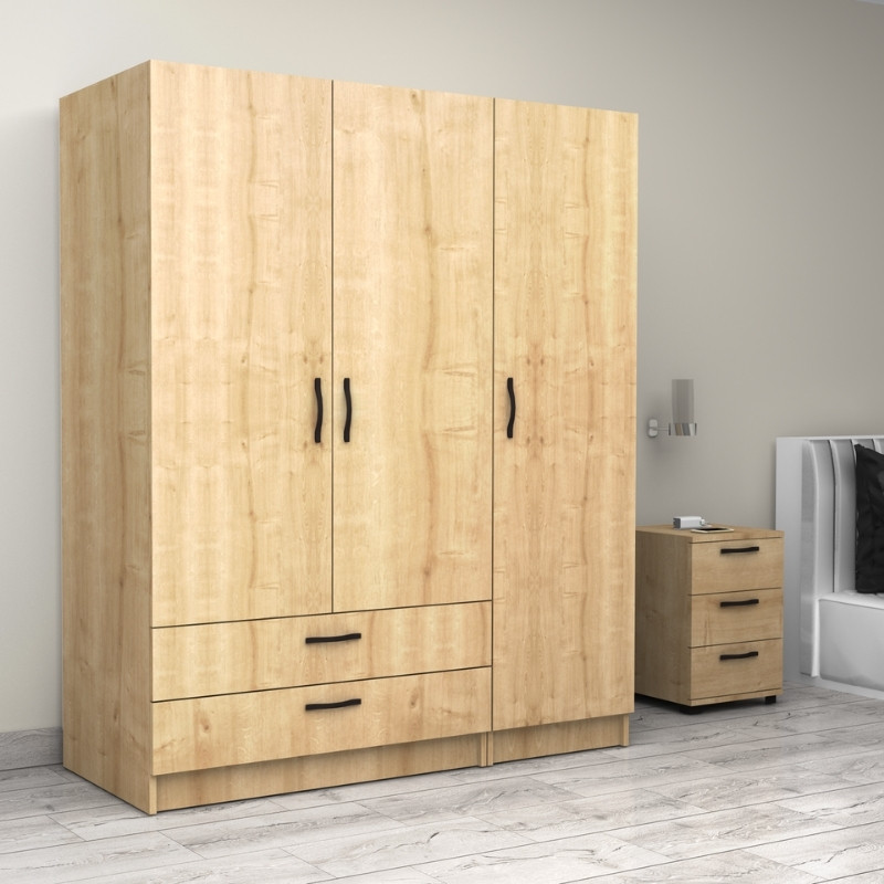 Ντουλάπα ρούχων τρίφυλλη με συρτάρια χρώμα φυσικό οξιάς 4