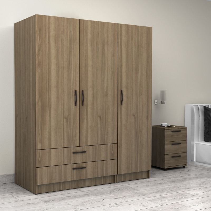 Ντουλάπα ρούχων τρίφυλλη με συρτάρια χρώμα καρυδί 4