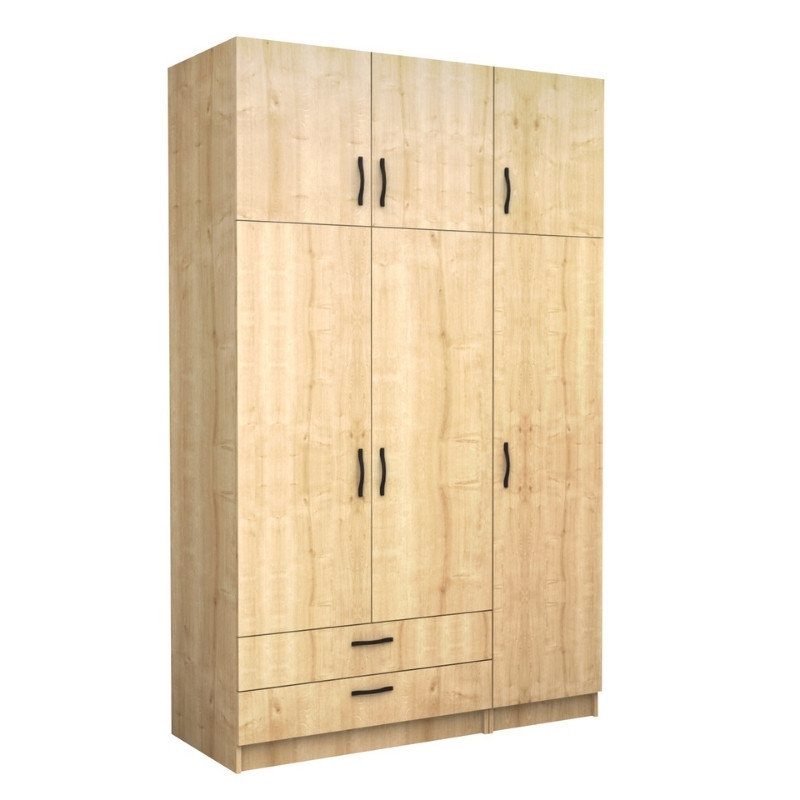 Ντουλάπα ρούχων τρίφυλλη με πατάρι και συρτάρια χρώμα φυσικό οξιάς