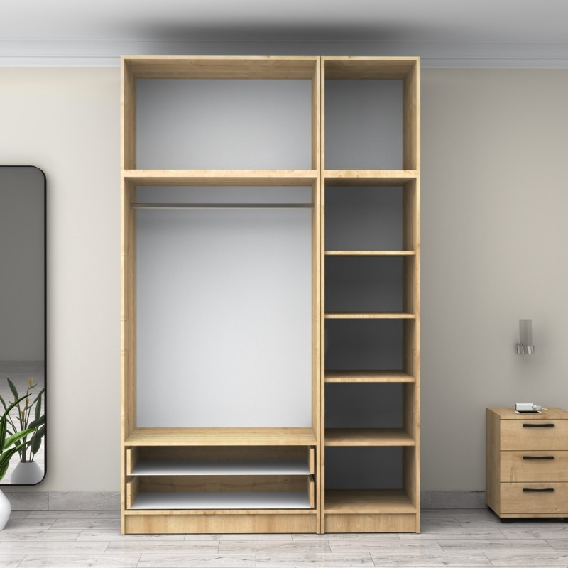 Ντουλάπα ρούχων τρίφυλλη με πατάρι και συρτάρια χρώμα φυσικό οξιάς 3