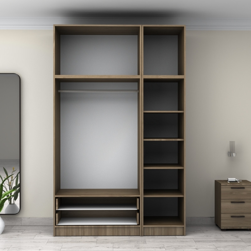 Ντουλάπα ρούχων τρίφυλλη με πατάρι και συρτάρια χρώμα καρυδί 3