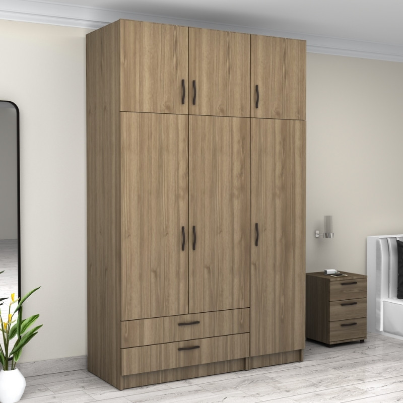 Ντουλάπα ρούχων τρίφυλλη με πατάρι και συρτάρια χρώμα καρυδί 4