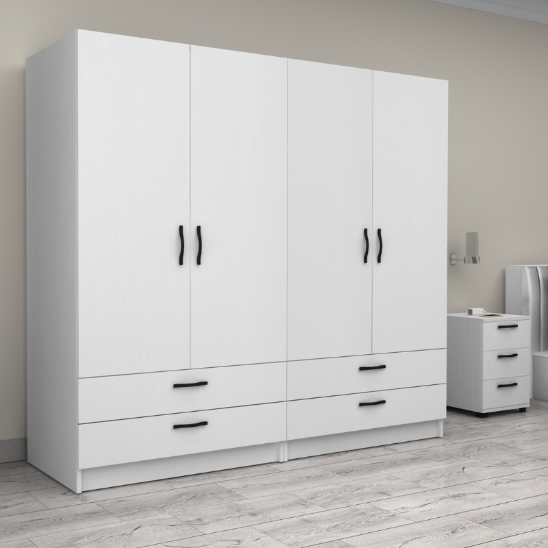 Ντουλάπα ρούχων τετράφυλλη με συρτάρια χρώμα λευκό 4