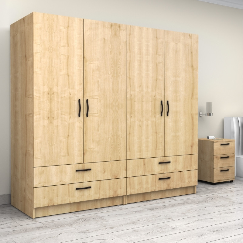 Ντουλάπα ρούχων τετράφυλλη με συρτάρια χρώμα φυσικό οξιάς 4