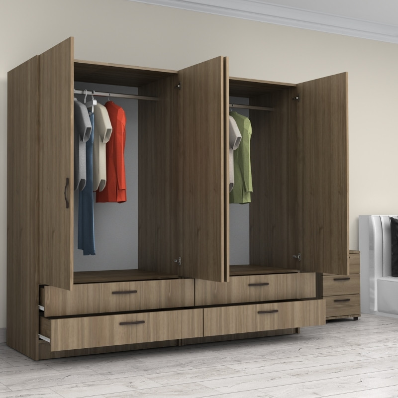 Ντουλάπα ρούχων τετράφυλλη με συρτάρια χρώμα καρυδί 2