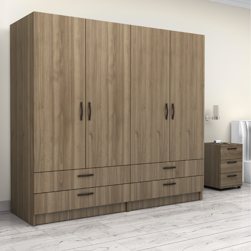 Ντουλάπα ρούχων τετράφυλλη με συρτάρια χρώμα καρυδί 4