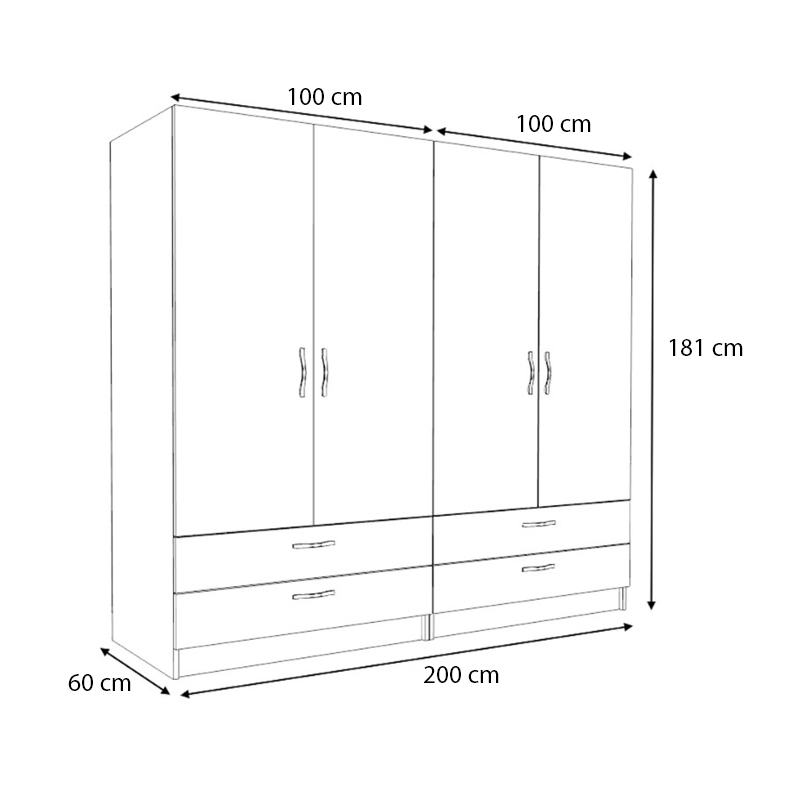 Ντουλάπα ρούχων τετράφυλλη με συρτάρια χρώμα καρυδί 5