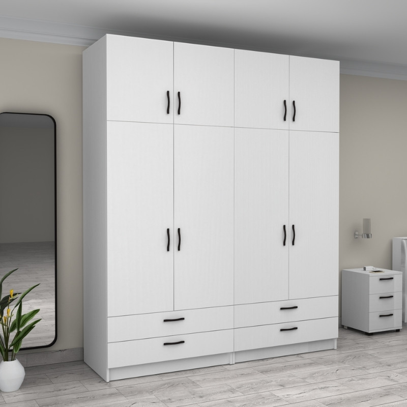 Ντουλάπα ρούχων τετράφυλλη με πατάρι και συρτάρια χρώμα λευκό 4