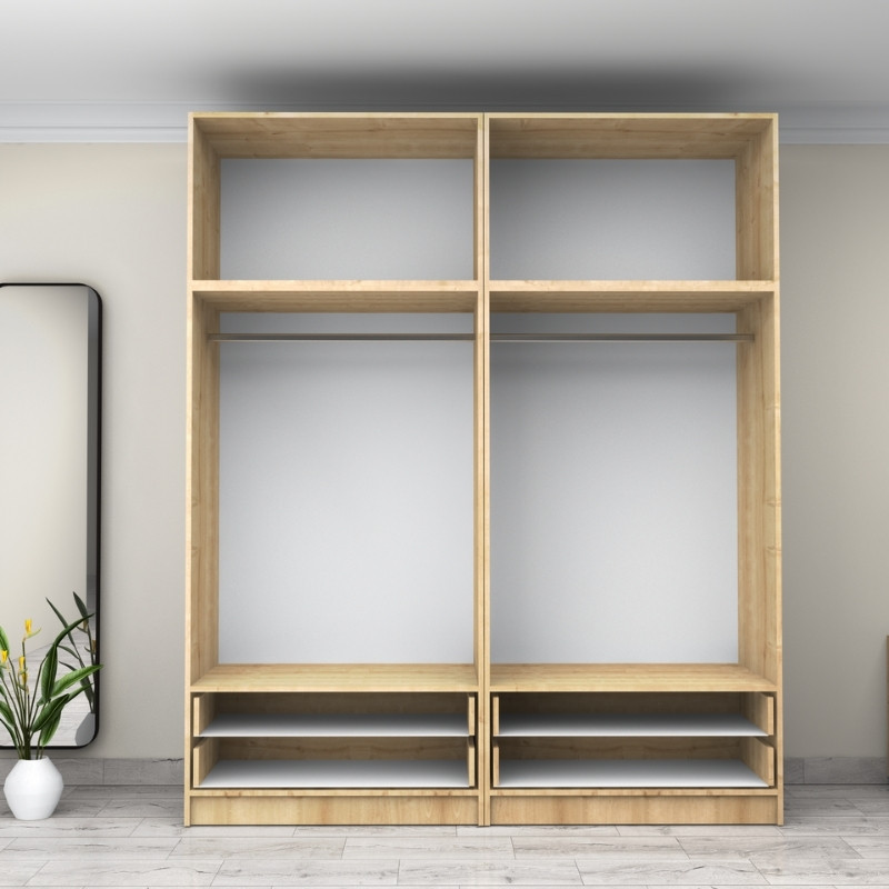 Ντουλάπα ρούχων τετράφυλλη με πατάρι και συρτάρια χρώμα φυσικό οξιάς 3