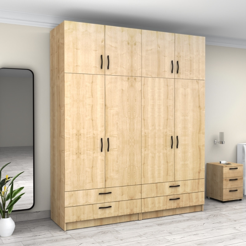 Ντουλάπα ρούχων τετράφυλλη με πατάρι και συρτάρια χρώμα φυσικό οξιάς 4