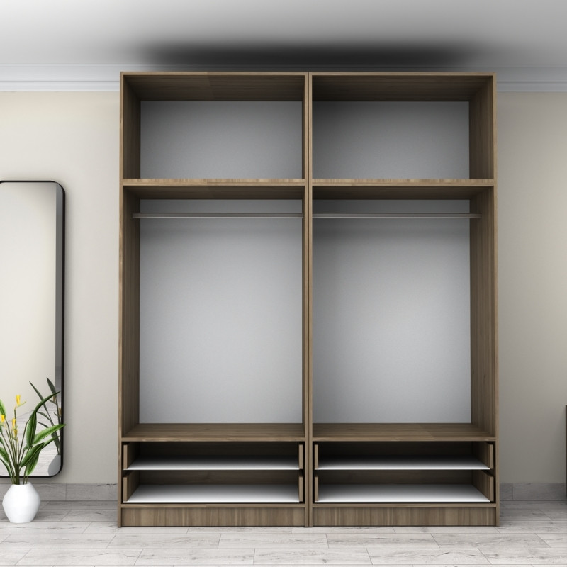 Ντουλάπα ρούχων τετράφυλλη με πατάρι και συρτάρια χρώμα καρυδί 3