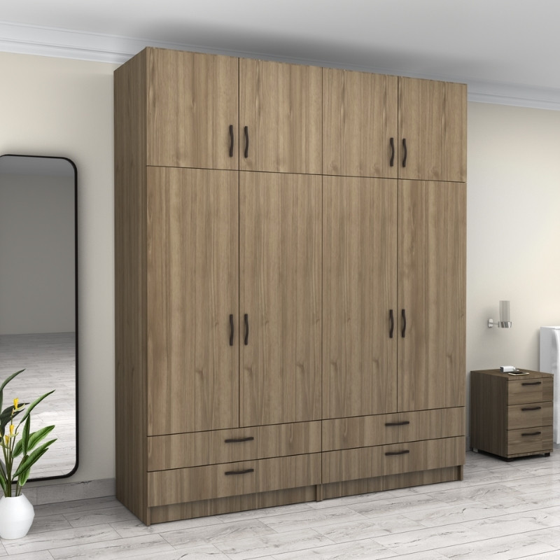 Ντουλάπα ρούχων τετράφυλλη με πατάρι και συρτάρια χρώμα καρυδί 4