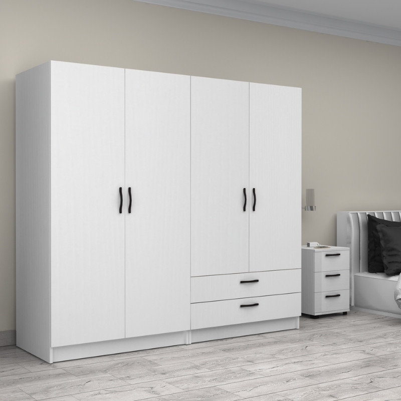 Ντουλάπα ρούχων τετράφυλλη με συρτάρια χρώμα λευκό 4