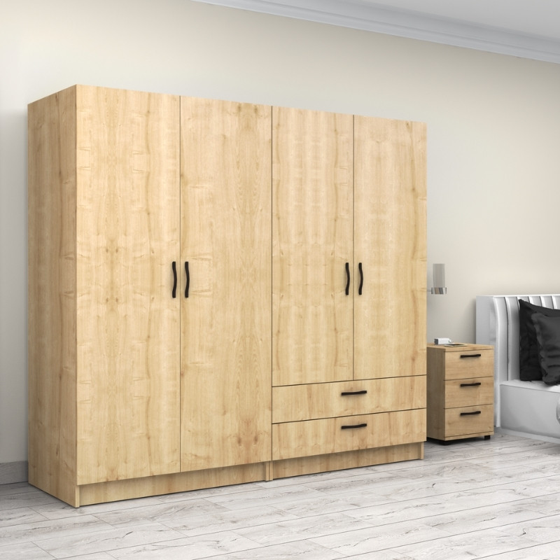 Ντουλάπα ρούχων τετράφυλλη με συρτάρια χρώμα φυσικό οξιάς 4