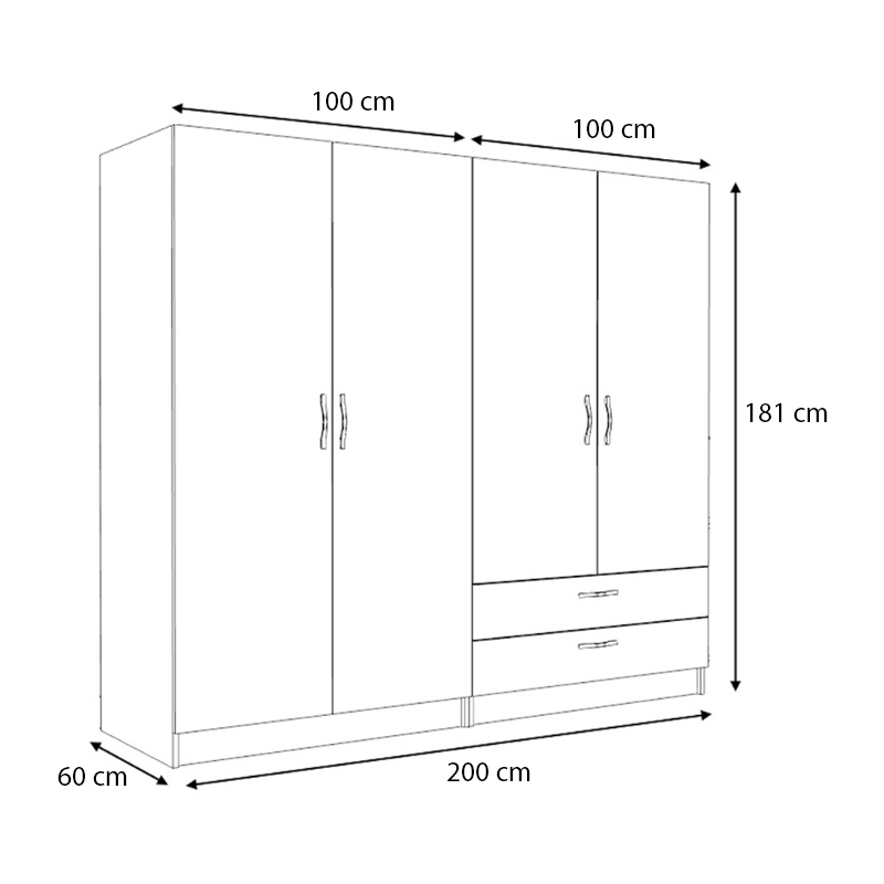 Ντουλάπα ρούχων τετράφυλλη με συρτάρια χρώμα φυσικό οξιάς 5
