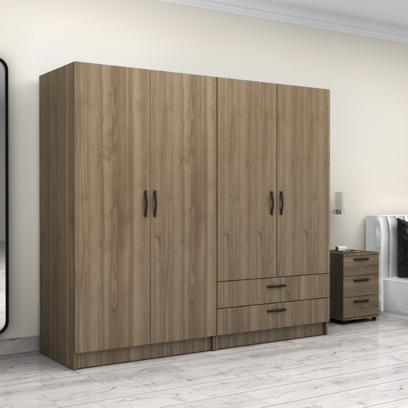 Ντουλάπα ρούχων τετράφυλλη με συρτάρια χρώμα καρυδί 4