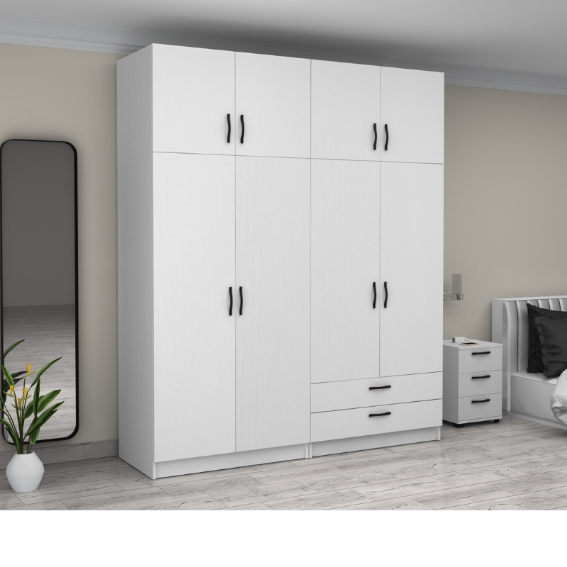 Ντουλάπα ρούχων τετράφυλλη με πατάρι και συρτάρια χρώμα λευκό 4