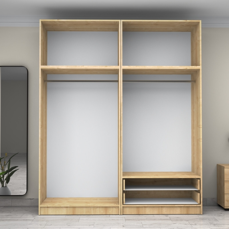 Ντουλάπα ρούχων τετράφυλλη με πατάρι και συρτάρια χρώμα φυσικό οξιάς 3