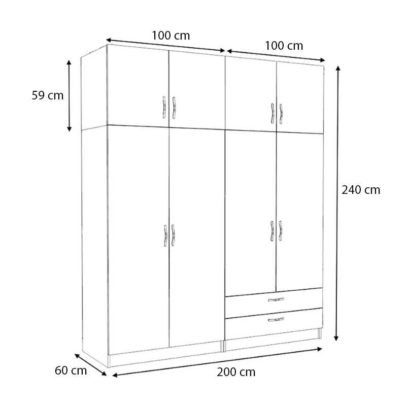 Ντουλάπα ρούχων τετράφυλλη με πατάρι και συρτάρια χρώμα φυσικό οξιάς 5