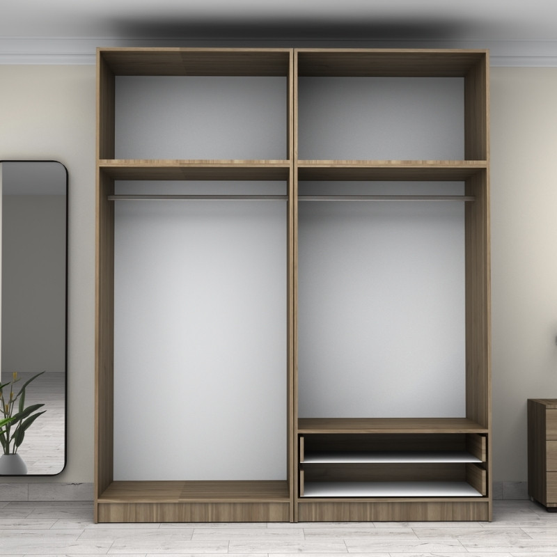 Ντουλάπα ρούχων τετράφυλλη με πατάρι και συρτάρια χρώμα καρυδί 3