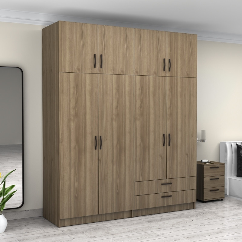 Ντουλάπα ρούχων τετράφυλλη με πατάρι και συρτάρια χρώμα καρυδί 4