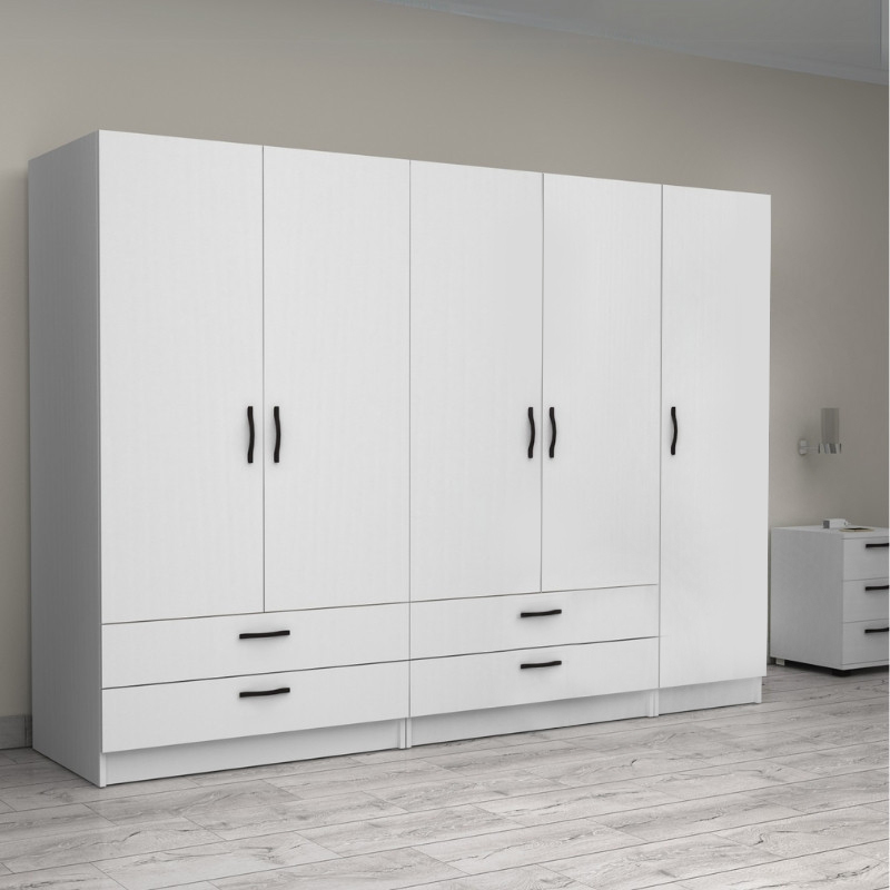 Ντουλάπα ρούχων πεντάφυλλη με συρτάρια χρώμα λευκό 4