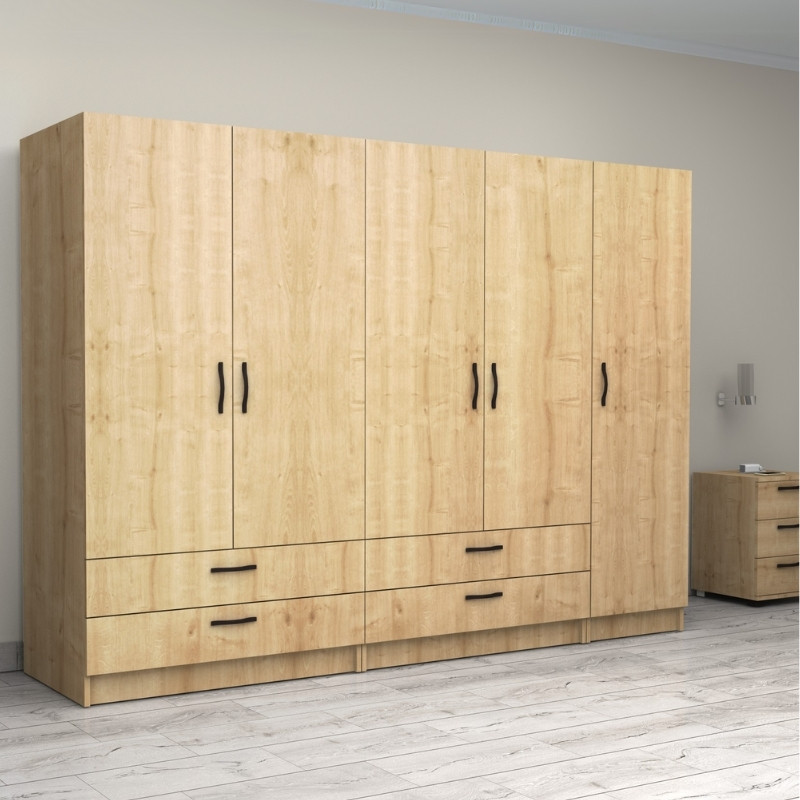 Ντουλάπα ρούχων πεντάφυλλη με συρτάρια χρώμα φυσικό οξιάς 4