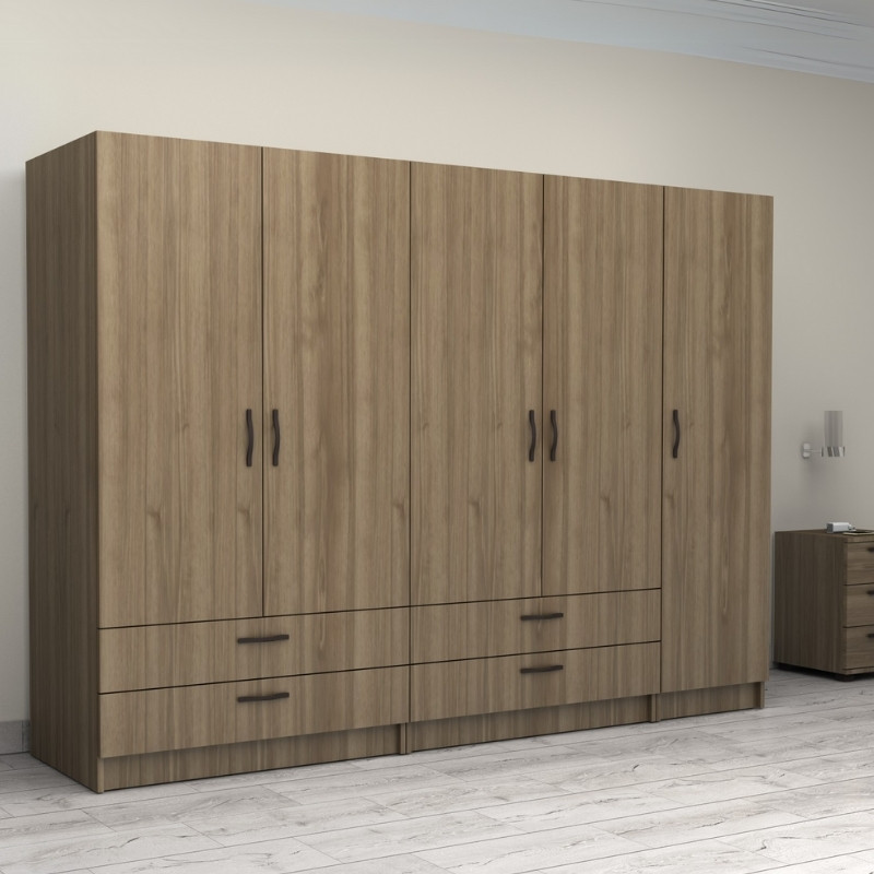 Ντουλάπα ρούχων πεντάφυλλη με συρτάρια χρώμα καρυδί 4