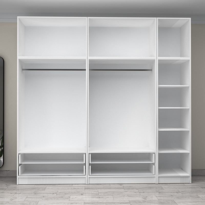 Ντουλάπα ρούχων πεντάφυλλη με πατάρι και συρτάρια χρώμα λευκό 3