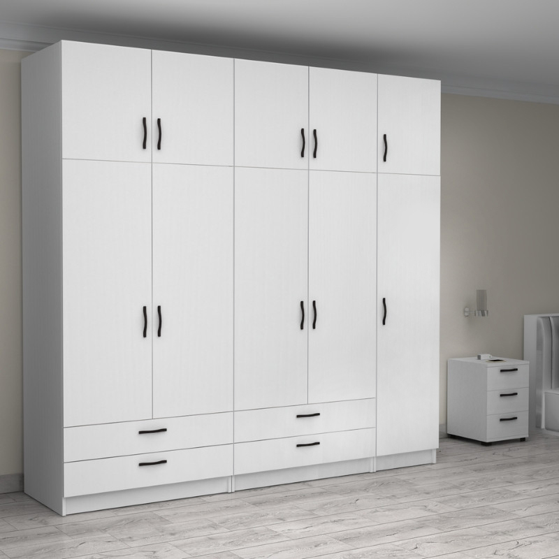 Ντουλάπα ρούχων πεντάφυλλη με πατάρι και συρτάρια χρώμα λευκό 4