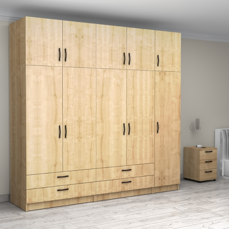 Ντουλάπα ρούχων πεντάφυλλη με πατάρι και συρτάρια χρώμα φυσικό οξιάς 4