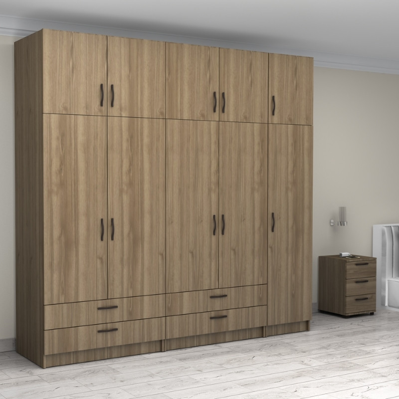 Ντουλάπα ρούχων πεντάφυλλη με πατάρι και συρτάρια χρώμα καρυδί 4