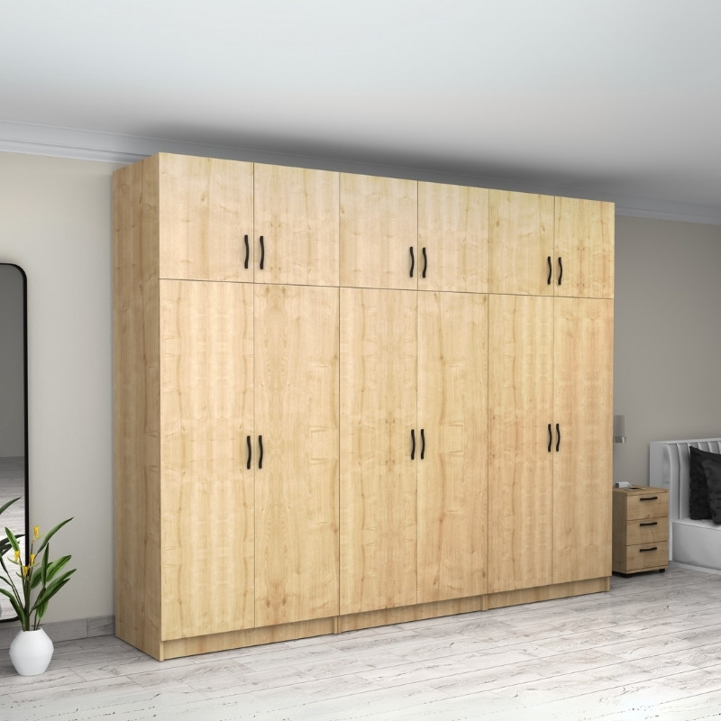 Ντουλάπα ρούχων εξάφυλλη με πατάρι χρώμα φυσικό οξιάς 4